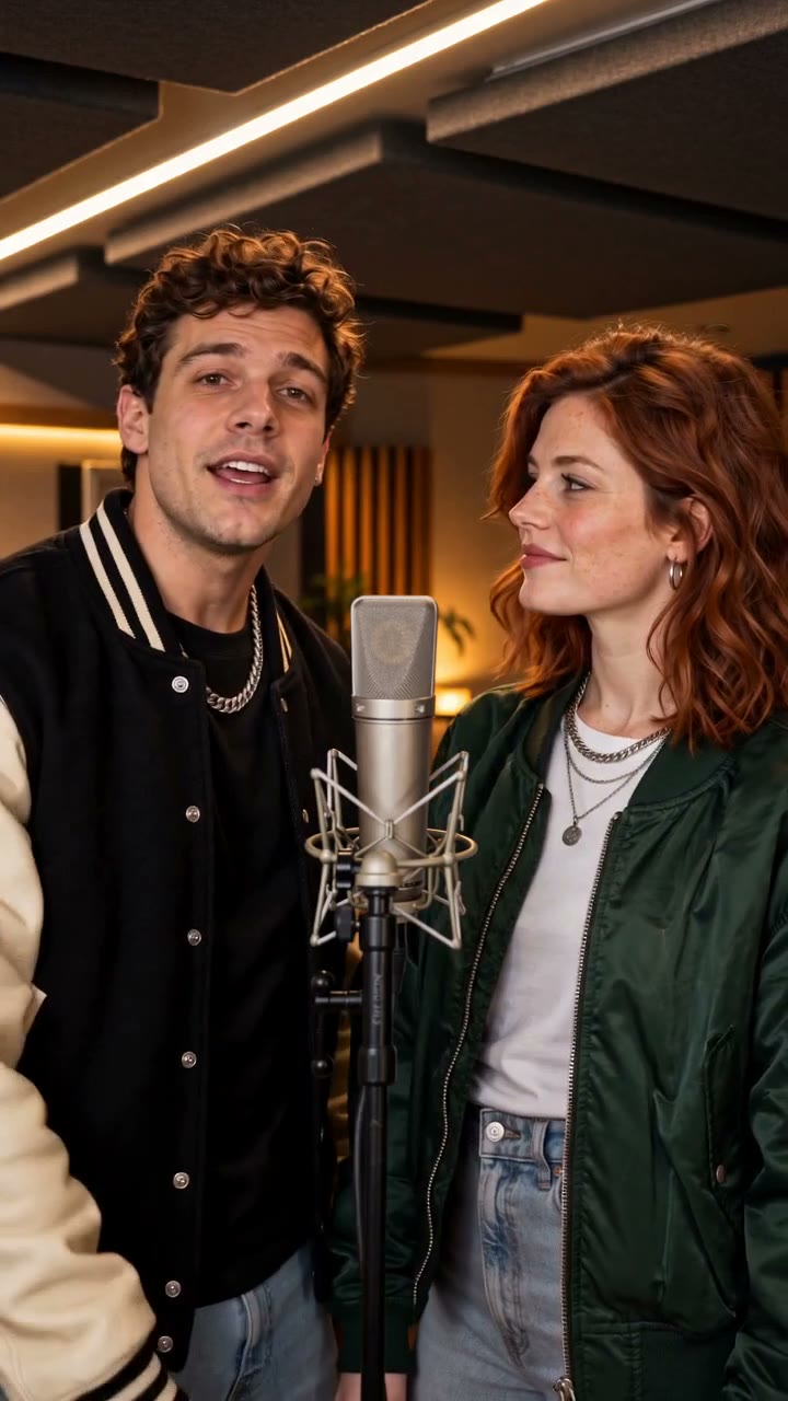 Frame from the actual generated birthday rap video, showing two performers at a recording studio microphone
